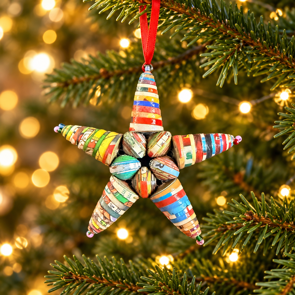 Handcrafted Recycled Paper Bead Jumbo Star Ornament – Upcycled Cereal Box Art