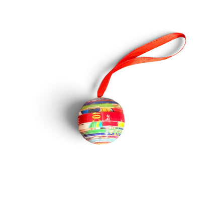Handcrafted Recycled Paper Strip Ball Ornament – Upcycled Cereal Box Art