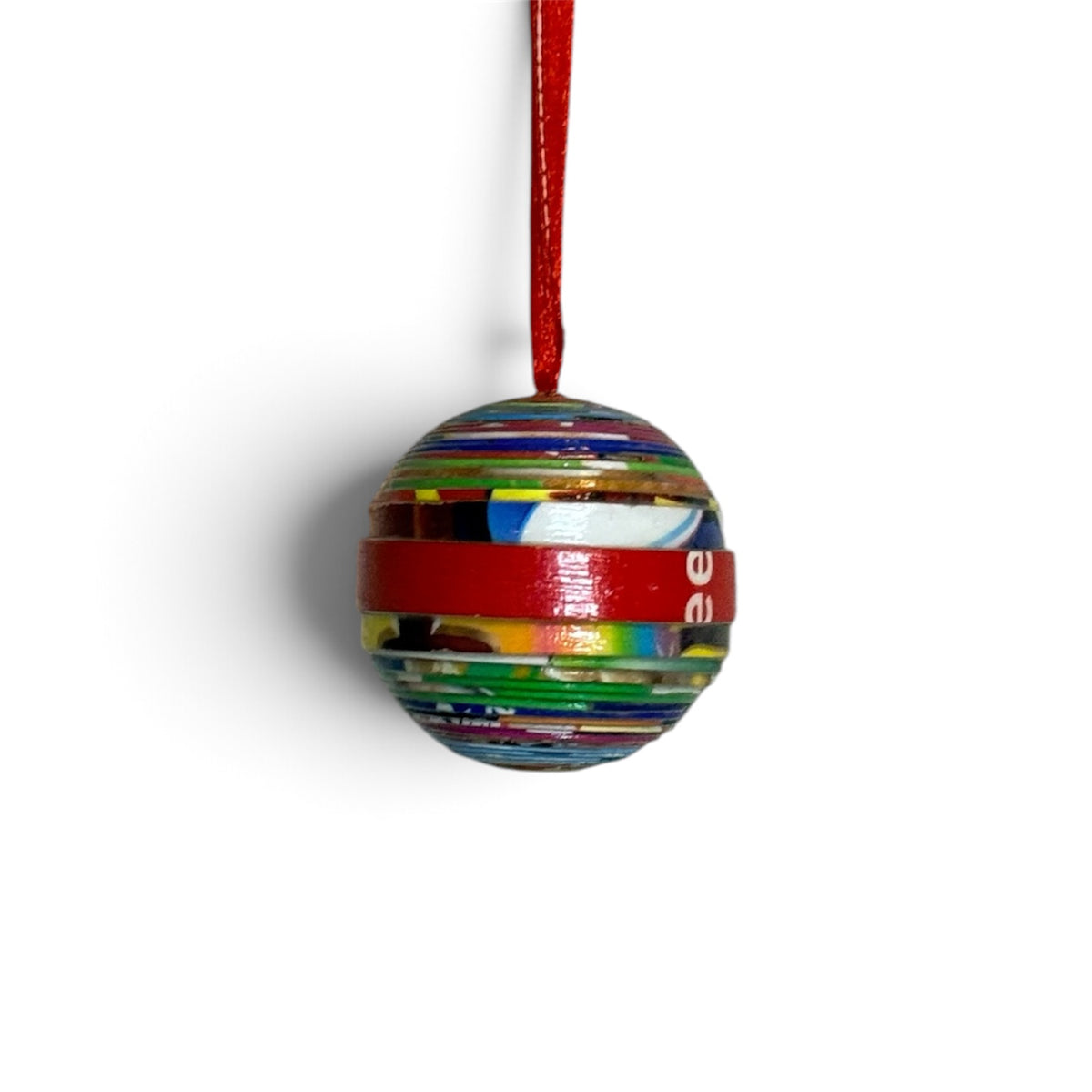 Handcrafted Recycled Paper Strip Ball Ornament – Upcycled Cereal Box Art
