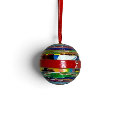 Handcrafted Recycled Paper Strip Ball Ornament – Upcycled Cereal Box Art