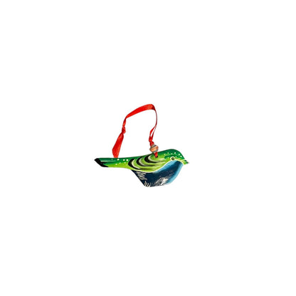 Hand-painted bird ornament with green and blue hues, red ribbon hanger, artisan-crafted decorative piece