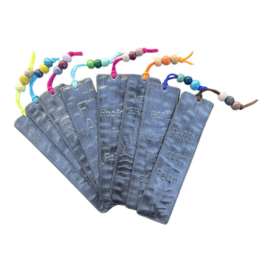 Handcrafted Haitian affirmation bookmark made from recycled steel oil drum