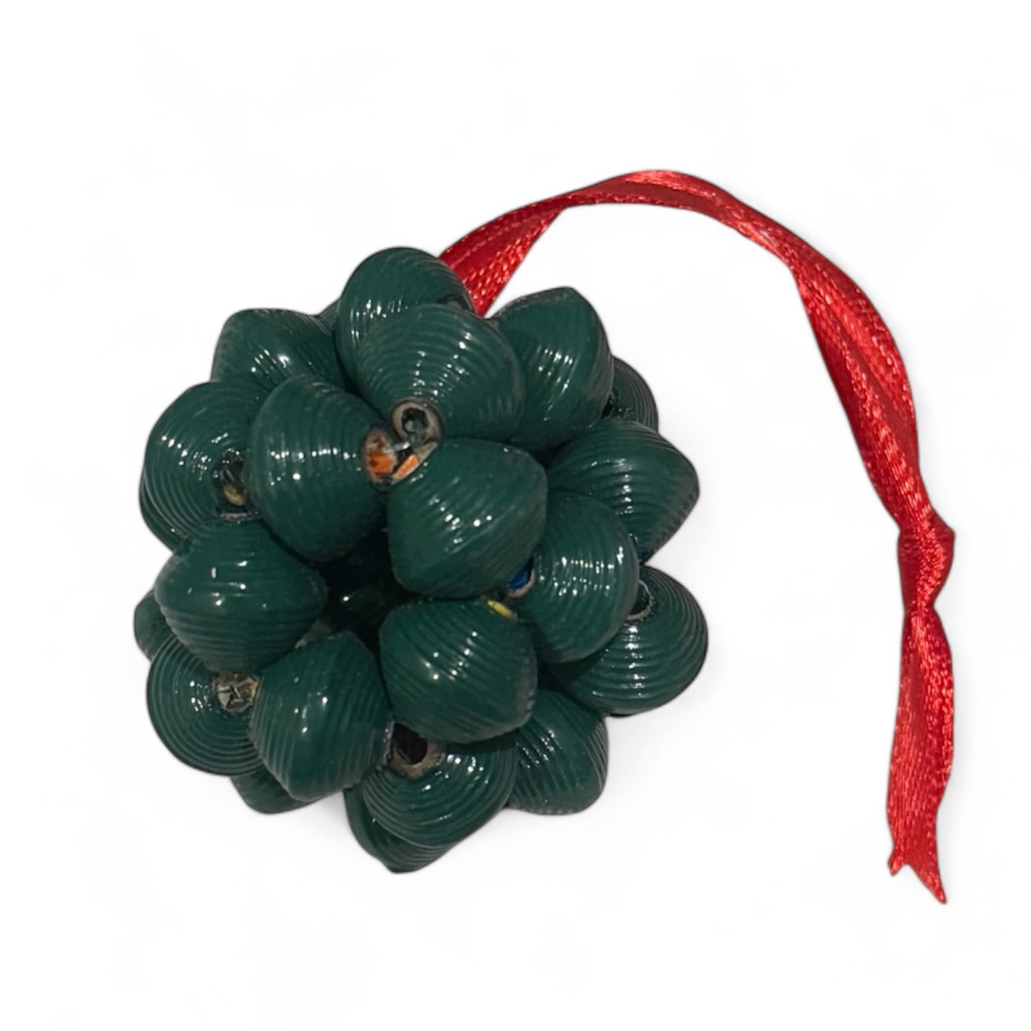 Black Cluster Bead Ornament handmade by Haitian artisans using recycled cereal boxes, featuring hand-rolled beads and a ribbon for elegant Christmas décor.
