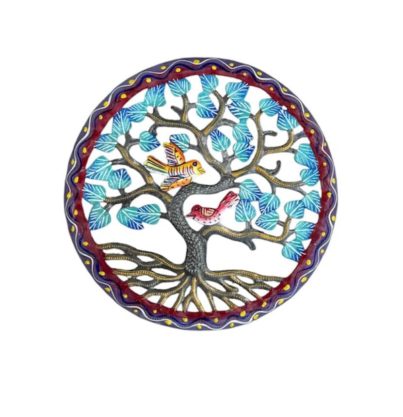Handmade Colorful 2 Bird Tree of Life wall art crafted from recycled steel drums by Haitian artisans for indoor and outdoor décor.