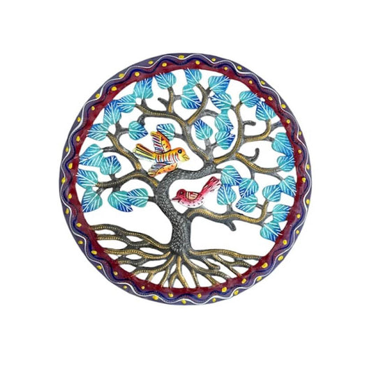 Handmade Colorful 2 Bird Tree of Life wall art crafted from recycled steel drums by Haitian artisans for indoor and outdoor décor.
