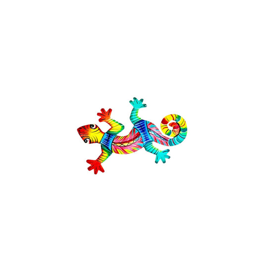 Vibrant rainbow-colored metal lizard wall art, handmade decorative piece celebrating Haitian artisan culture