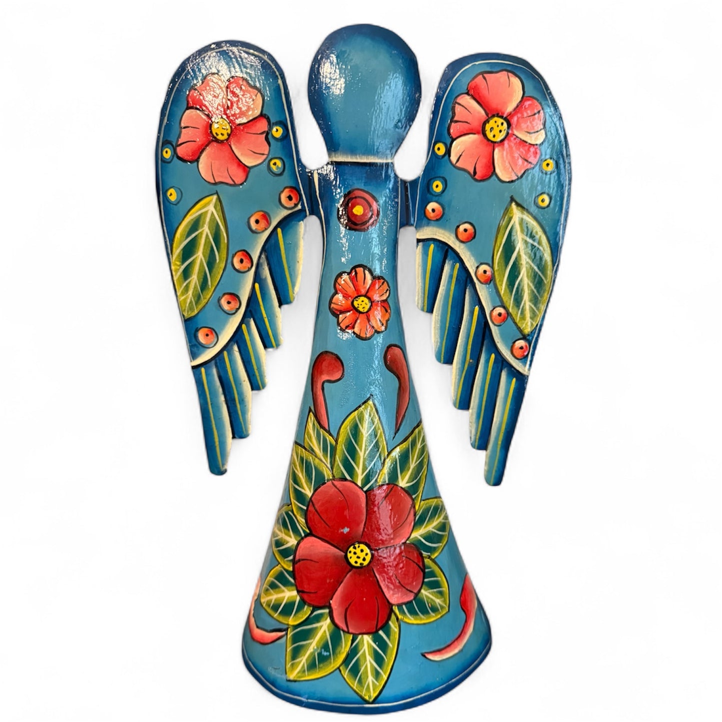 Hand-painted Flourish of Grace Angels metal art featuring colorful angel figures made by Haitian artisans.