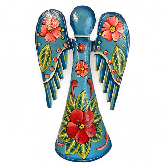 Hand-painted Flourish of Grace Angels metal art featuring colorful angel figures made by Haitian artisans.
