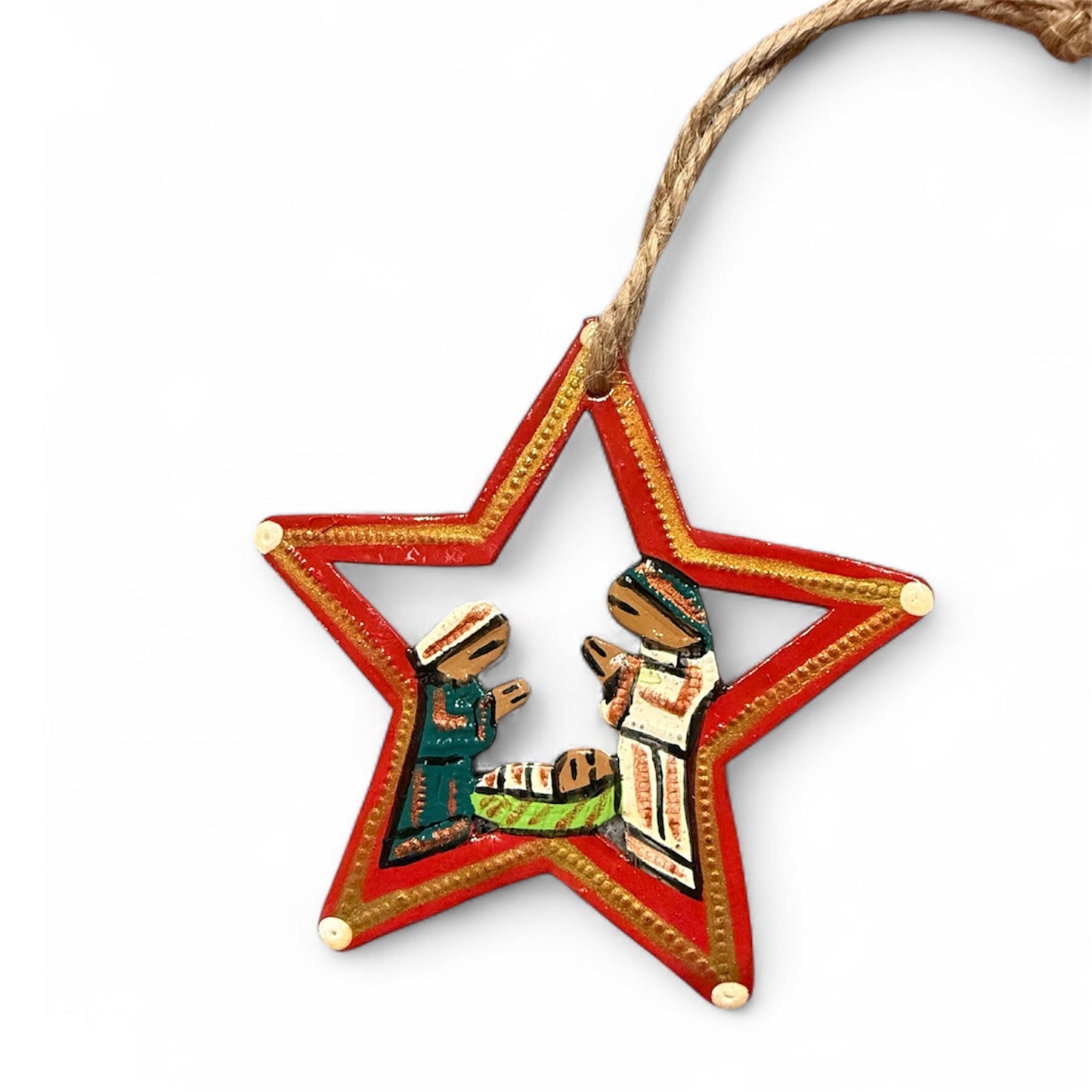 Handmade Star Nativity ornament featuring the Holy Family for Christmas tree decoration.